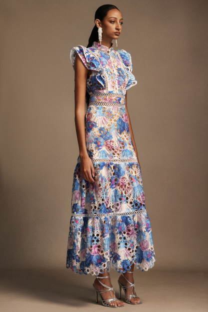 Frida Sleeveless Printed Printed Lace Maxi Dress