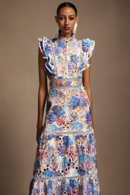 Frida Sleeveless Printed Printed Lace Maxi Dress