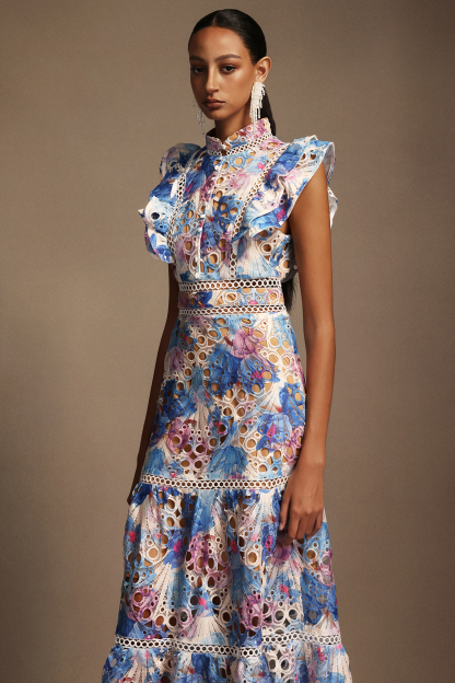 Frida Sleeveless Printed Printed Lace Maxi Dress