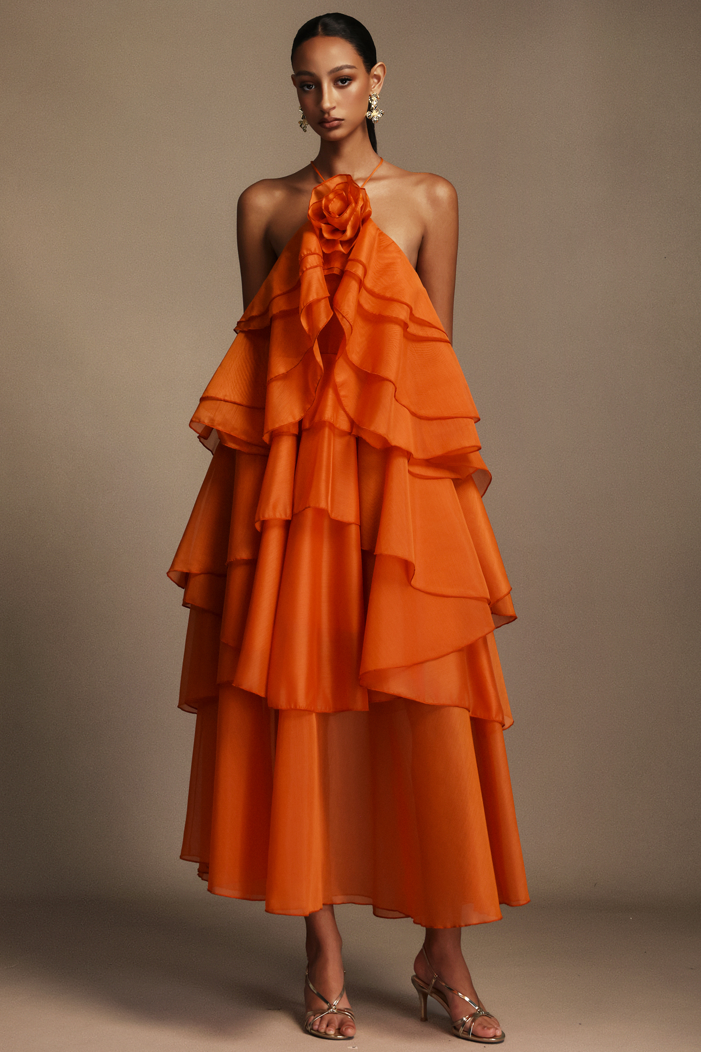 Elvira Sleeveless Flower Layered Folds Maxi Dress