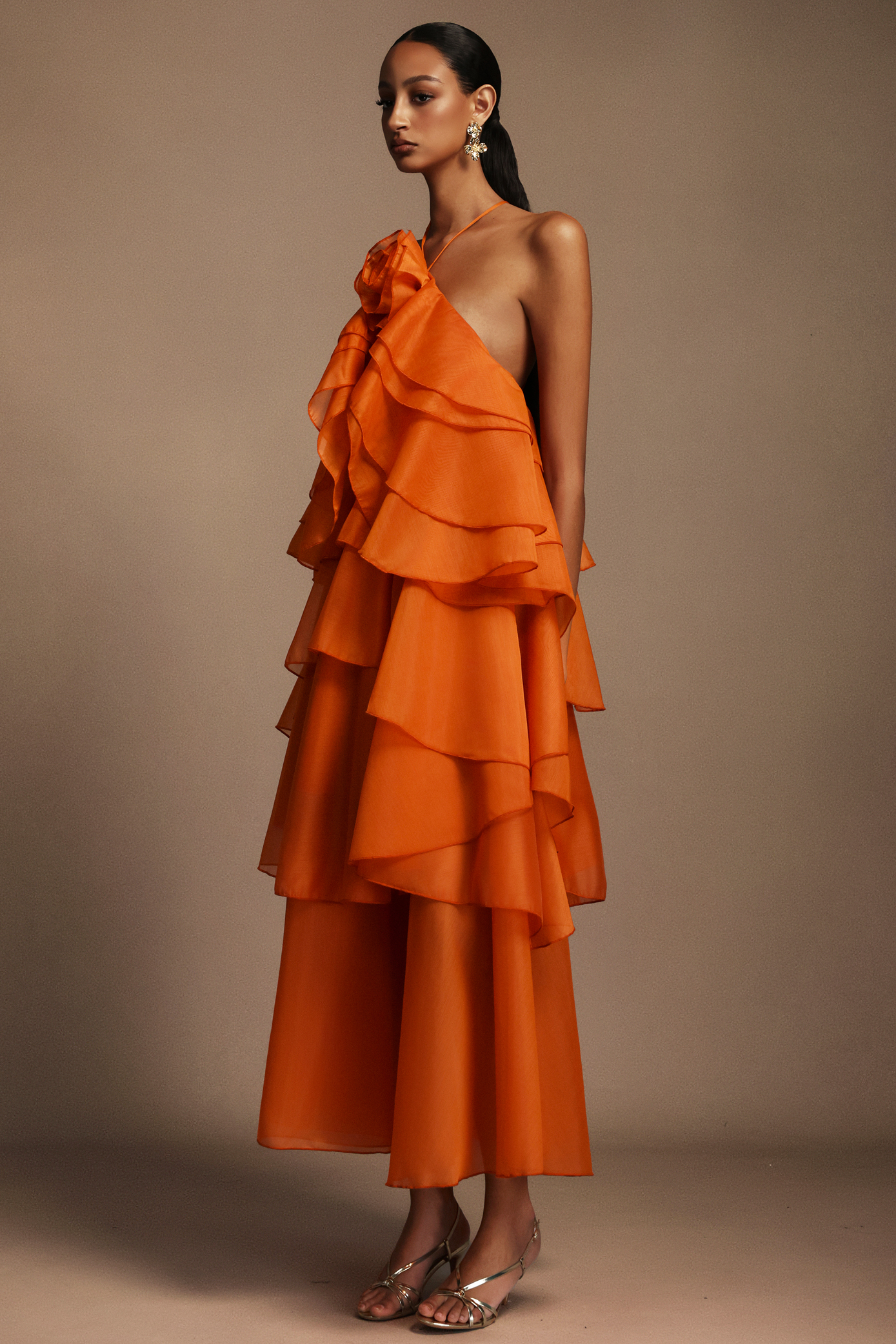 Elvira Sleeveless Flower Layered Folds Maxi Dress