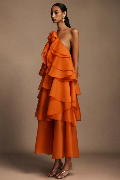 Elvira Sleeveless Flower Layered Folds Maxi Dress