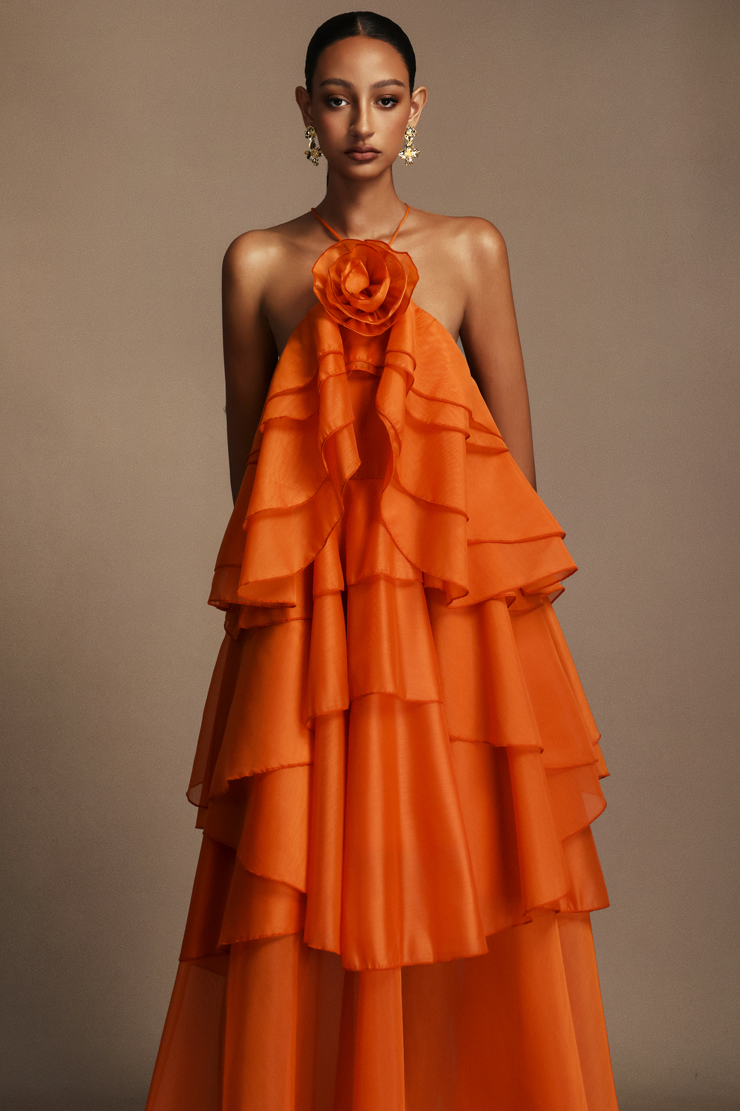 Elvira Sleeveless Flower Layered Folds Maxi Dress