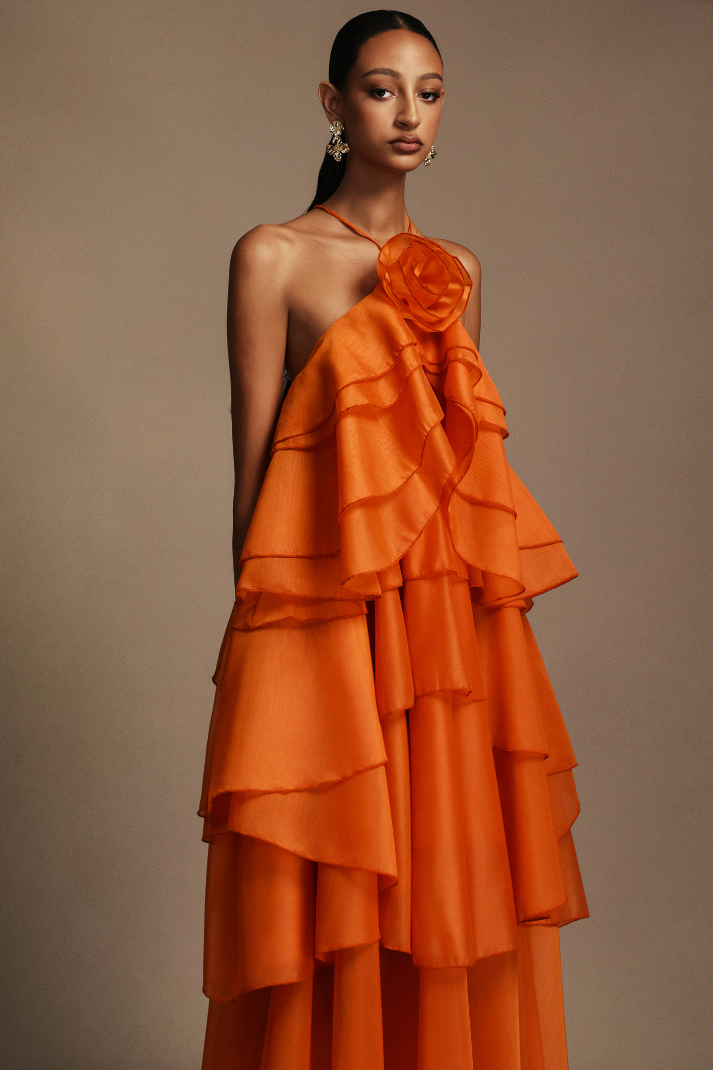 Elvira Sleeveless Flower Layered Folds Maxi Dress