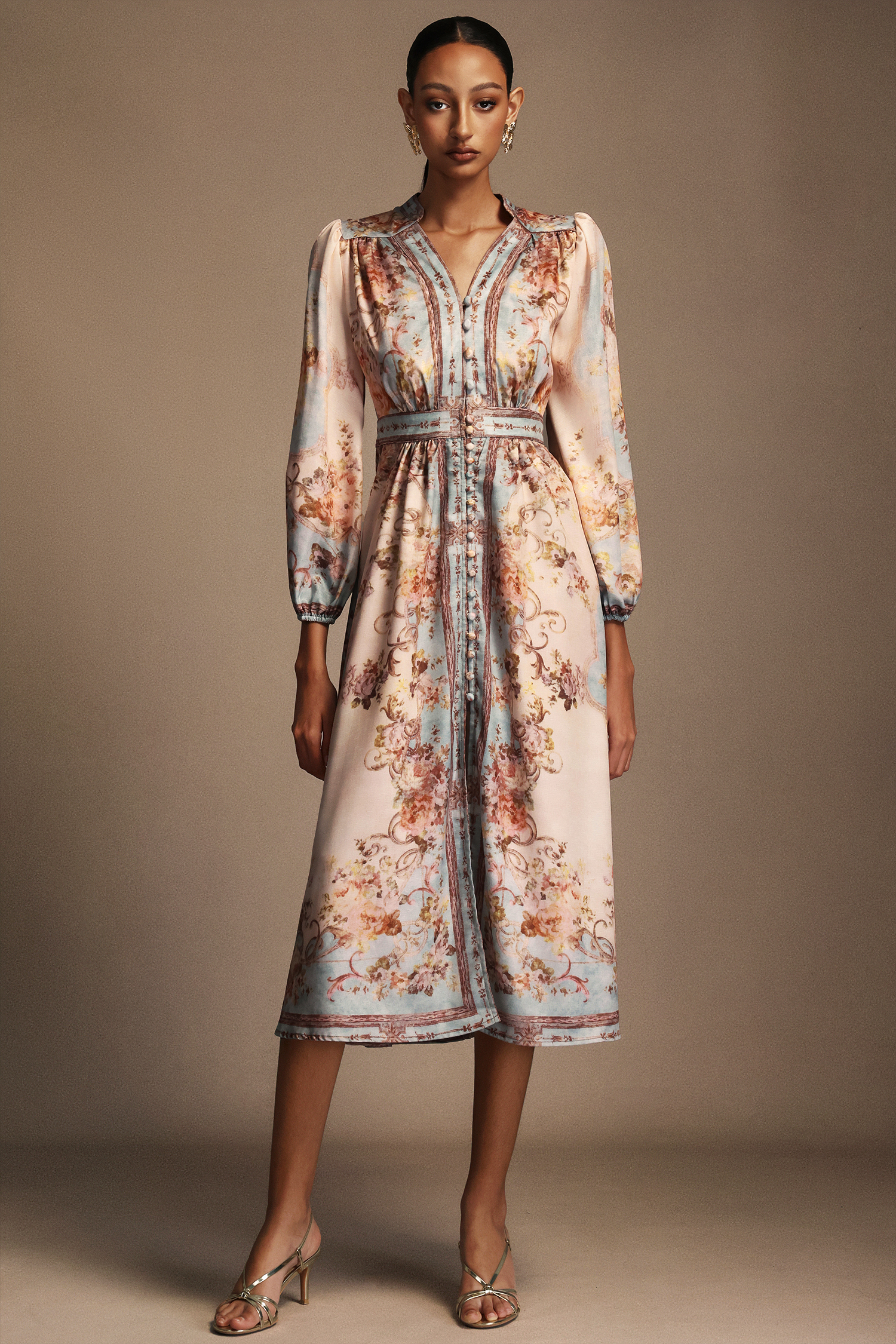Fallon Floral Printed Long Sleeves Midi Dress