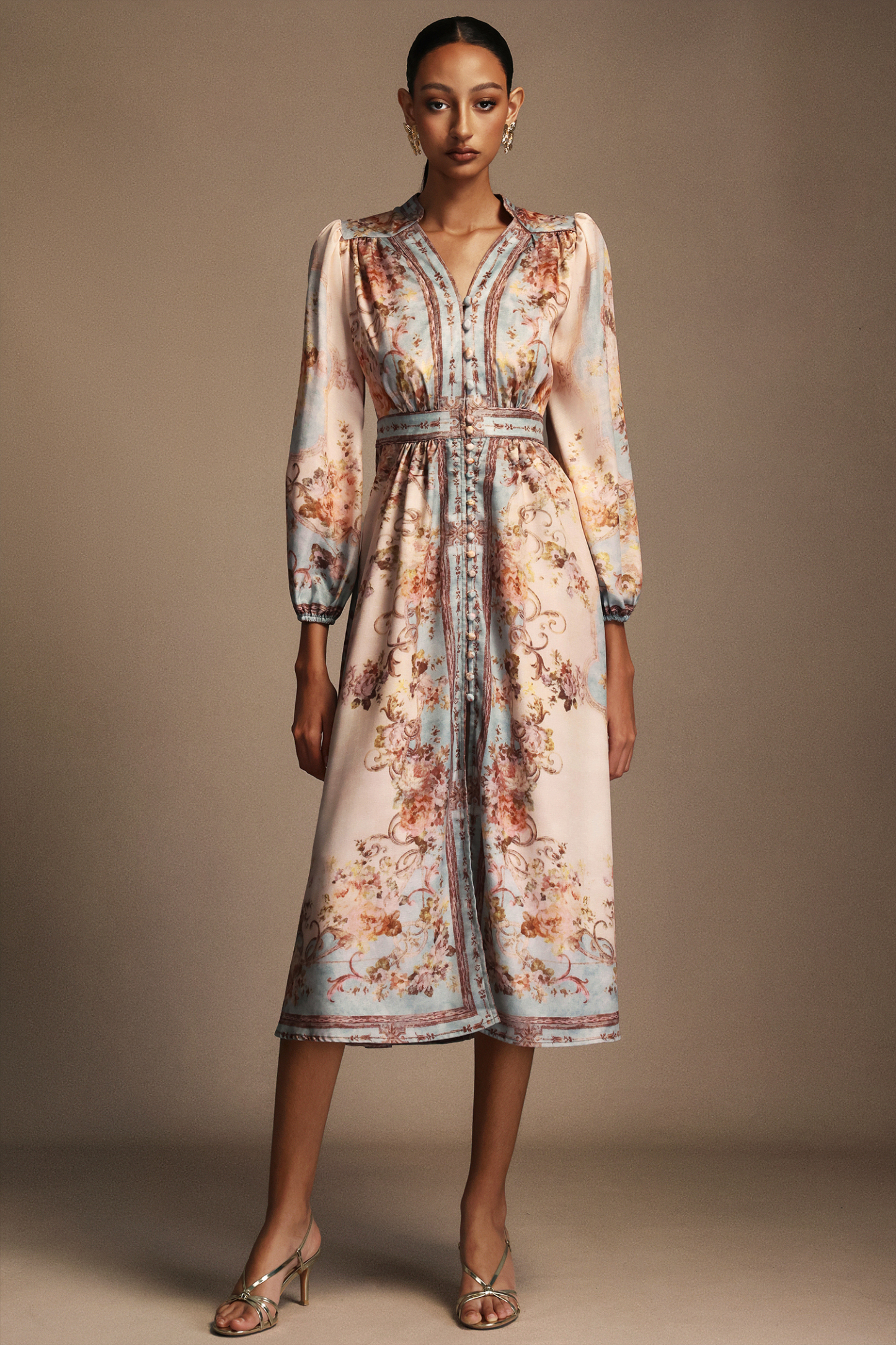 Fallon Floral Printed Long Sleeves Midi Dress