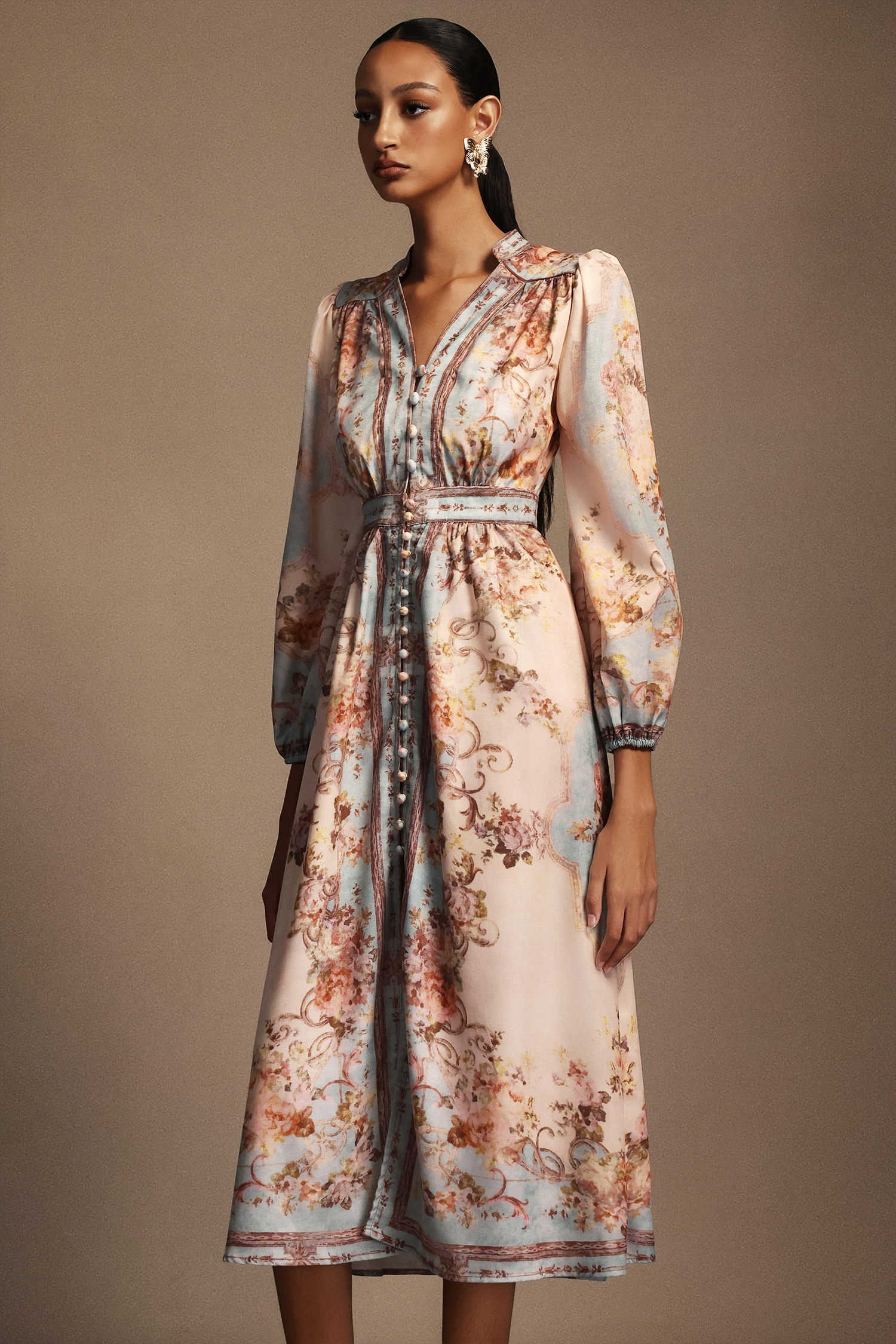 Fallon Floral Printed Long Sleeves Midi Dress