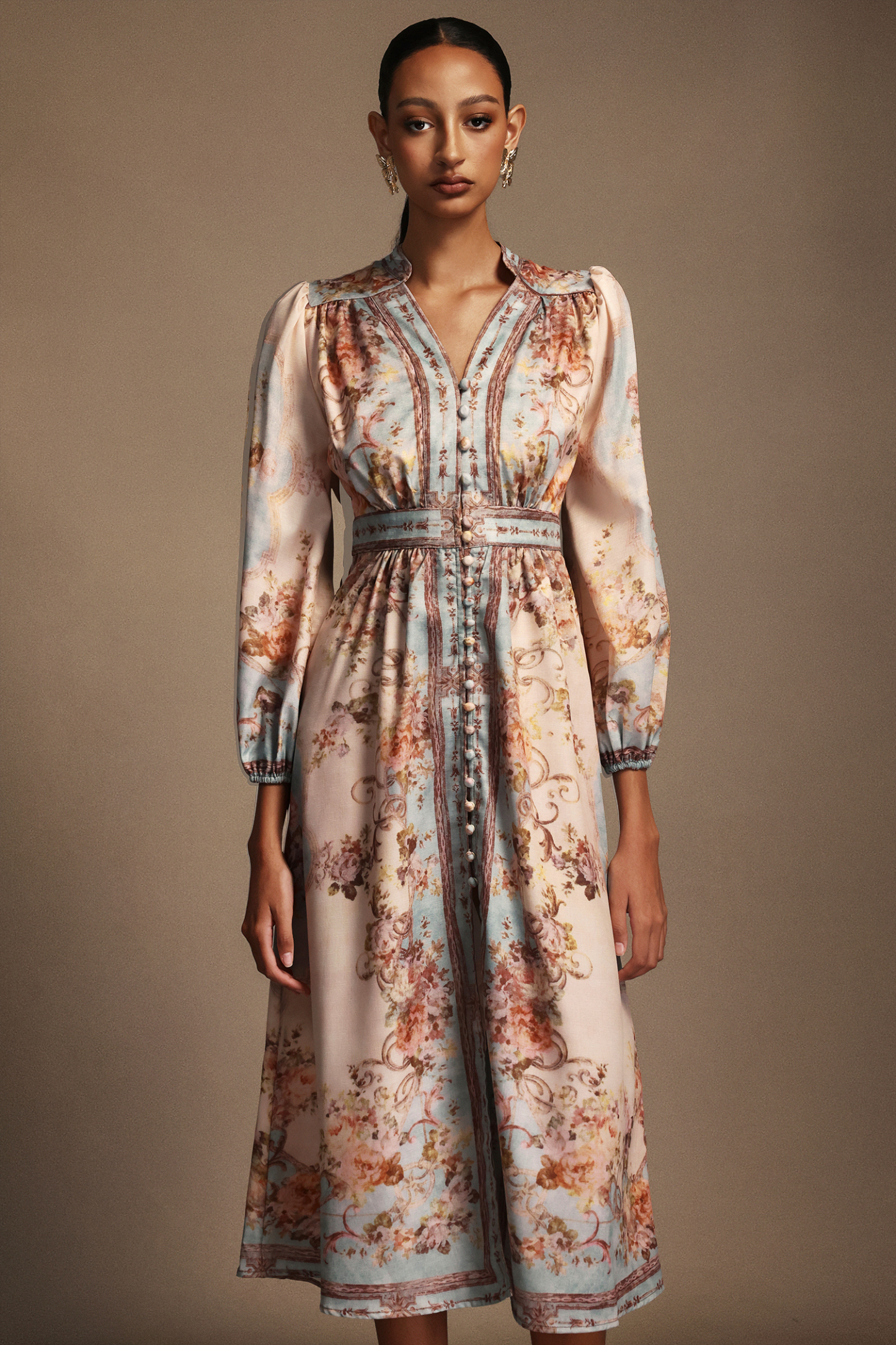 Fallon Floral Printed Long Sleeves Midi Dress