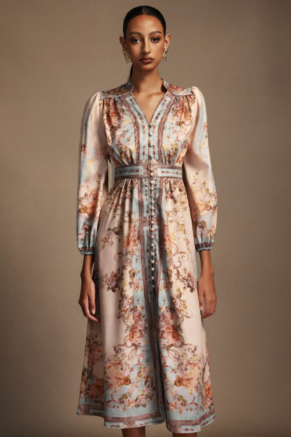 Fallon Floral Printed Long Sleeves Midi Dress