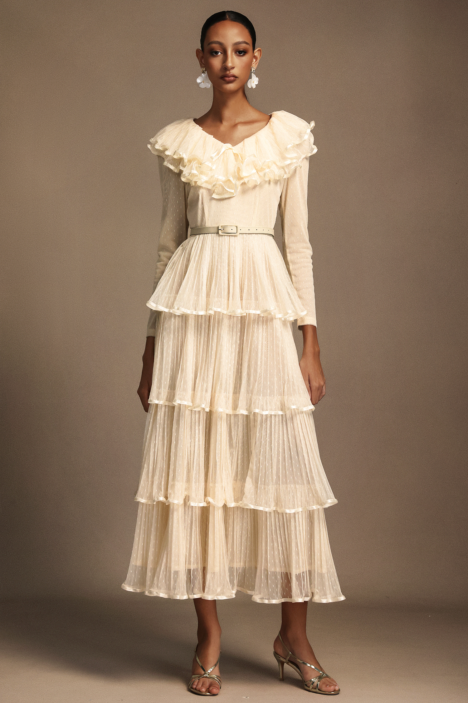 Freida V-Neck Long Sleeves Layered Folds Maxi Dress