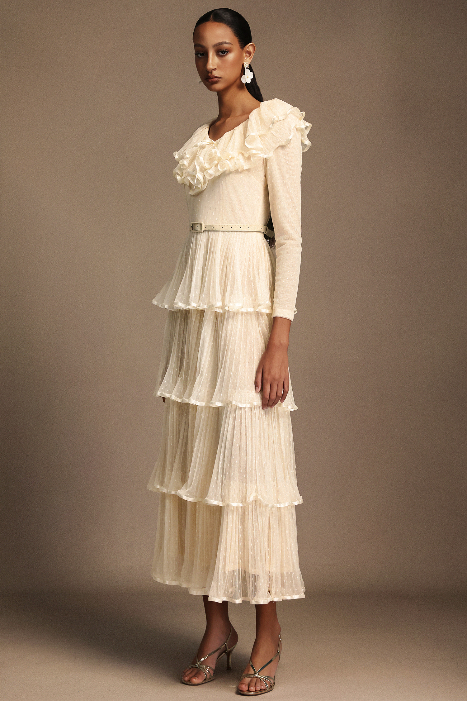 Freida V-Neck Long Sleeves Layered Folds Maxi Dress