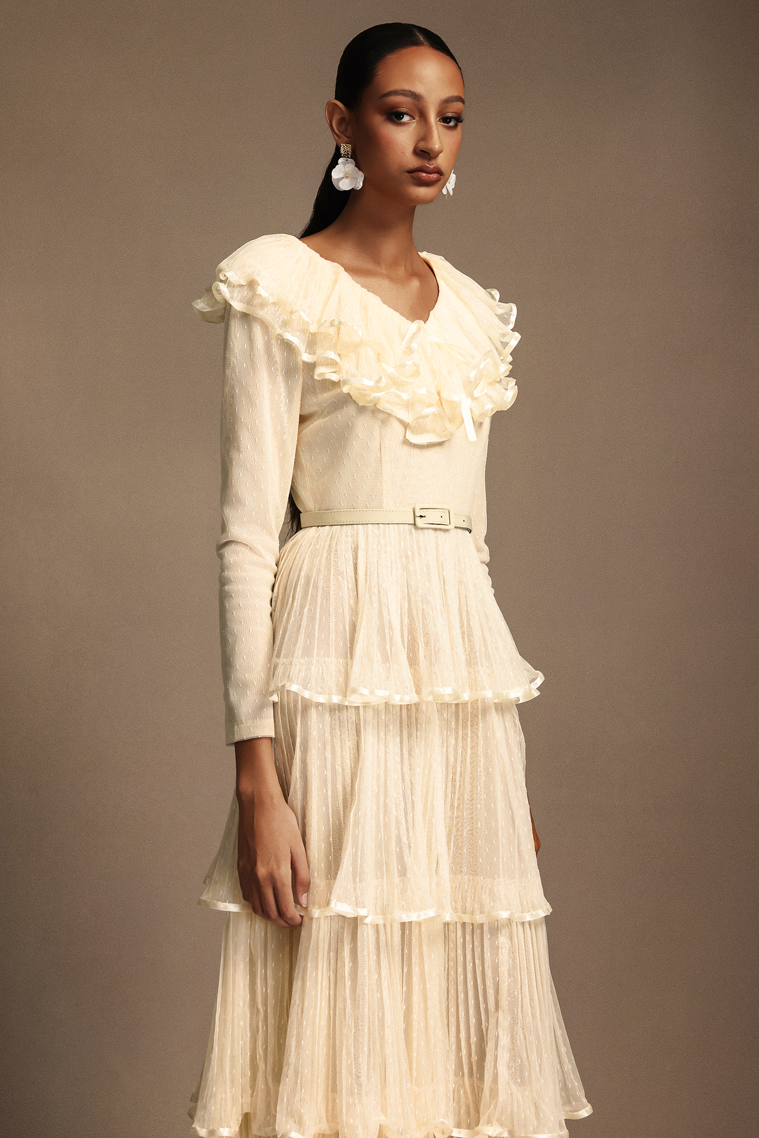 Freida V-Neck Long Sleeves Layered Folds Maxi Dress