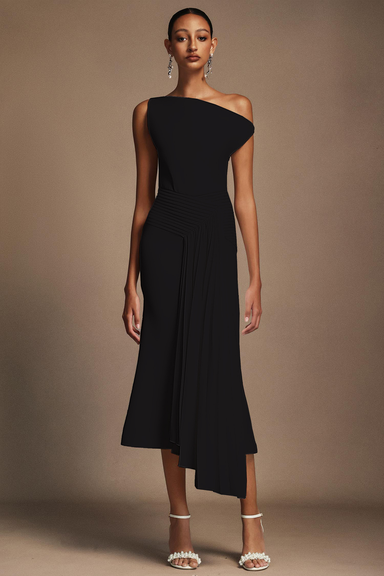 Ellen Oblique Shoulder Sleeveless Folds Midi Dress