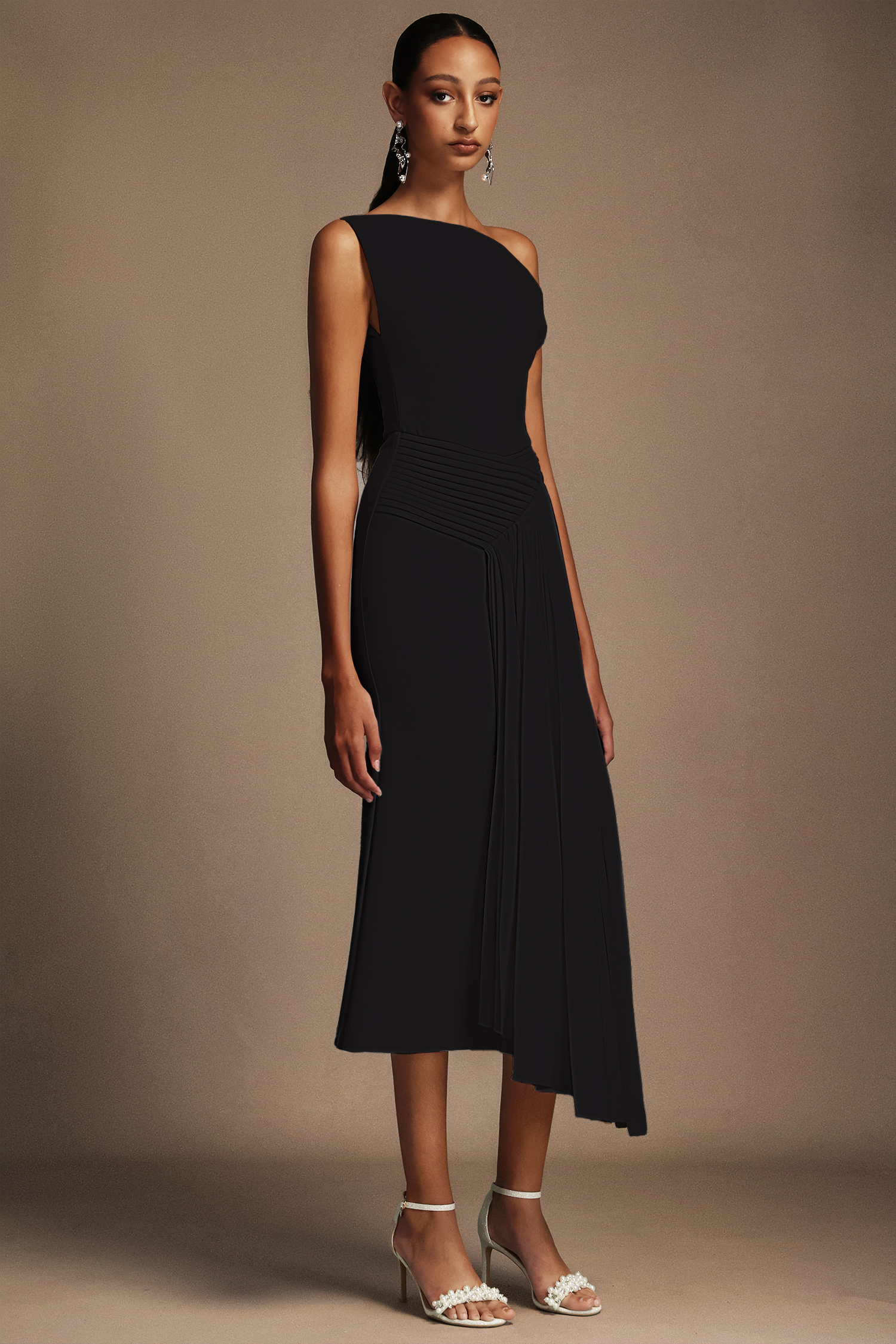 Ellen Oblique Shoulder Sleeveless Folds Midi Dress