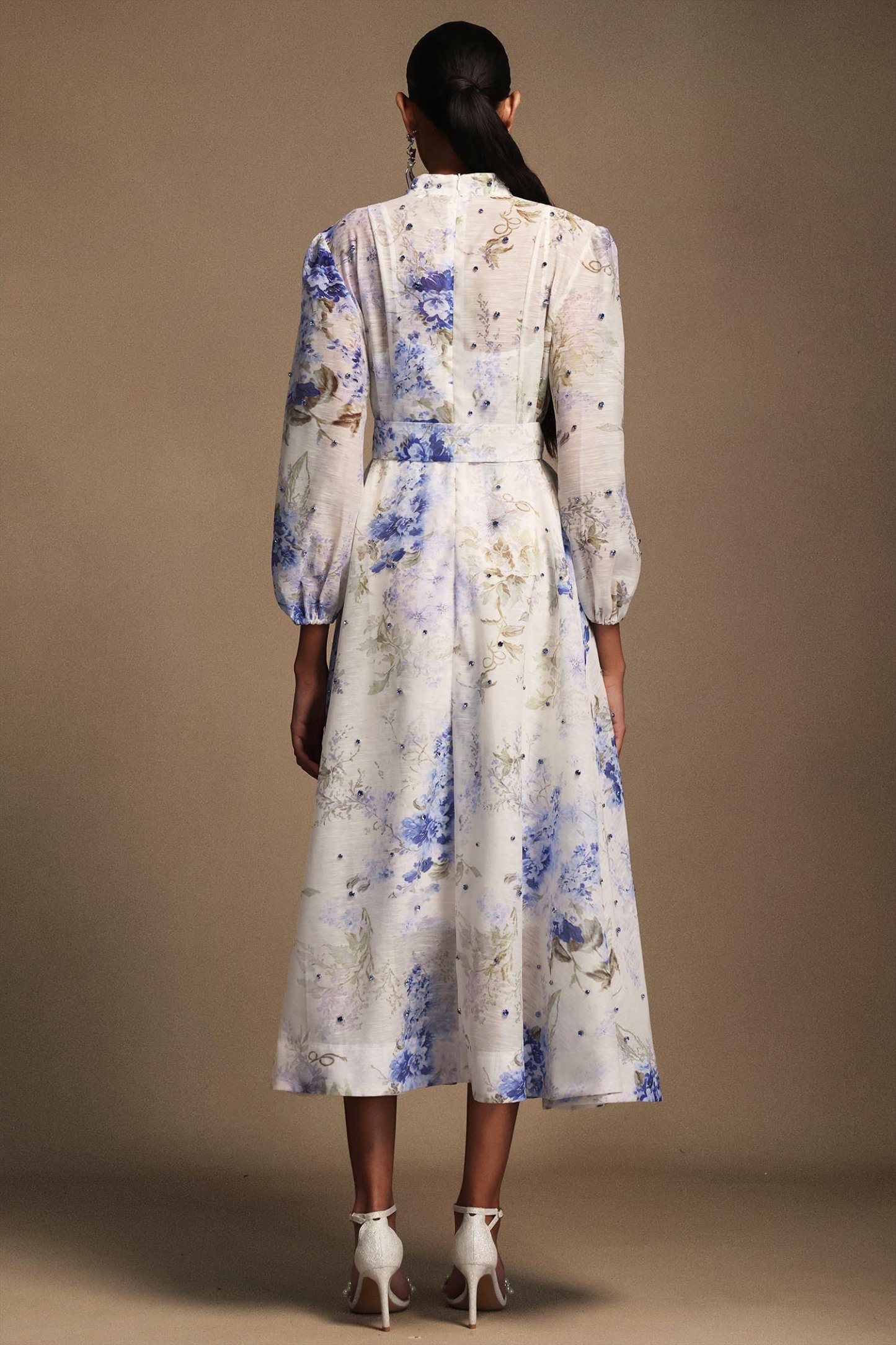 Emma Long Sleeves Floral Printed Diamond Midi Dress