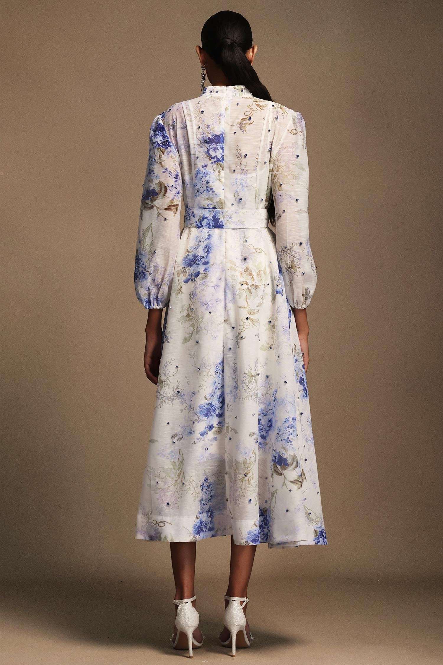 Emma Long Sleeves Floral Printed Diamond Midi Dress