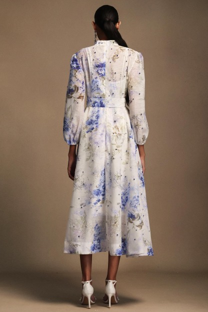 Emma Long Sleeves Floral Printed Diamond Midi Dress