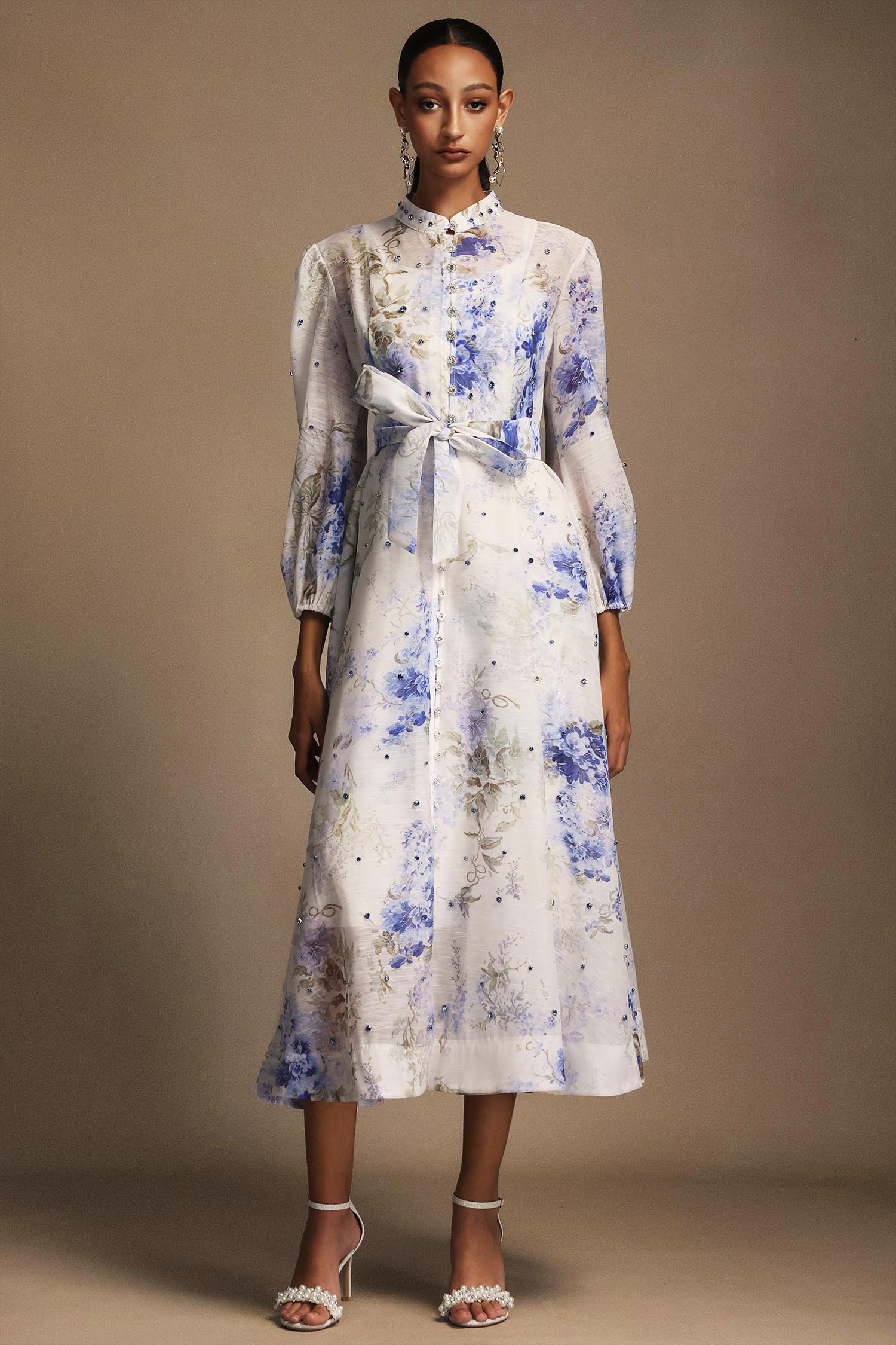 Emma Long Sleeves Floral Printed Diamond Midi Dress