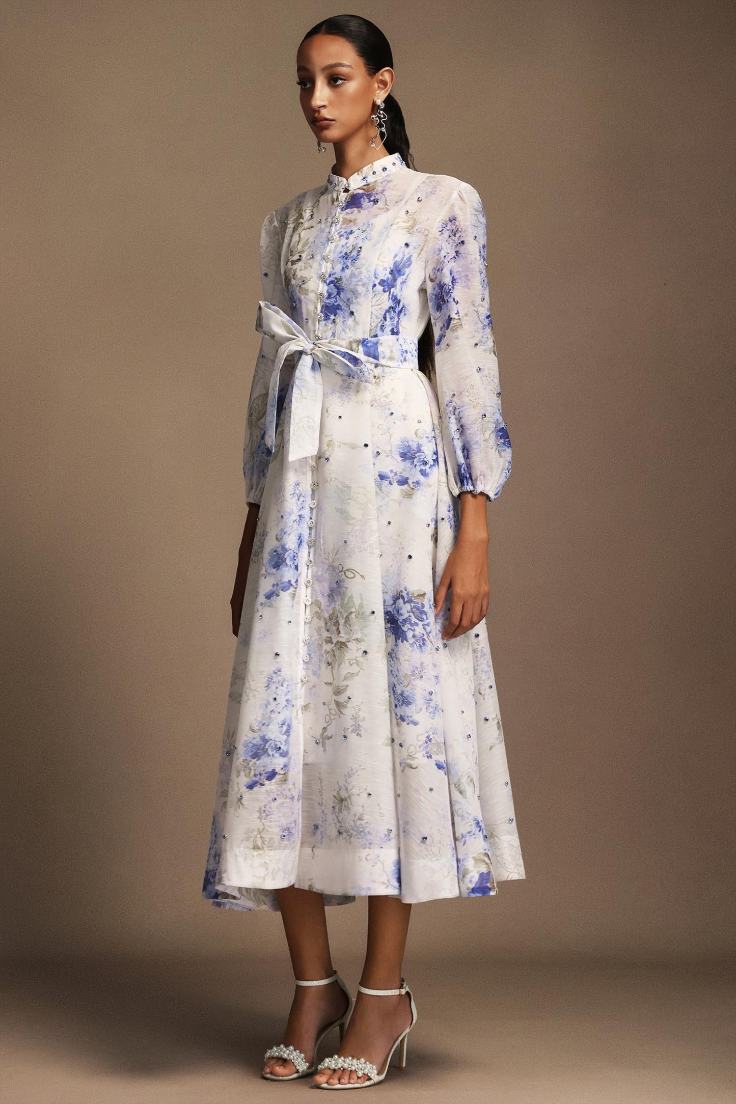 Emma Long Sleeves Floral Printed Diamond Midi Dress