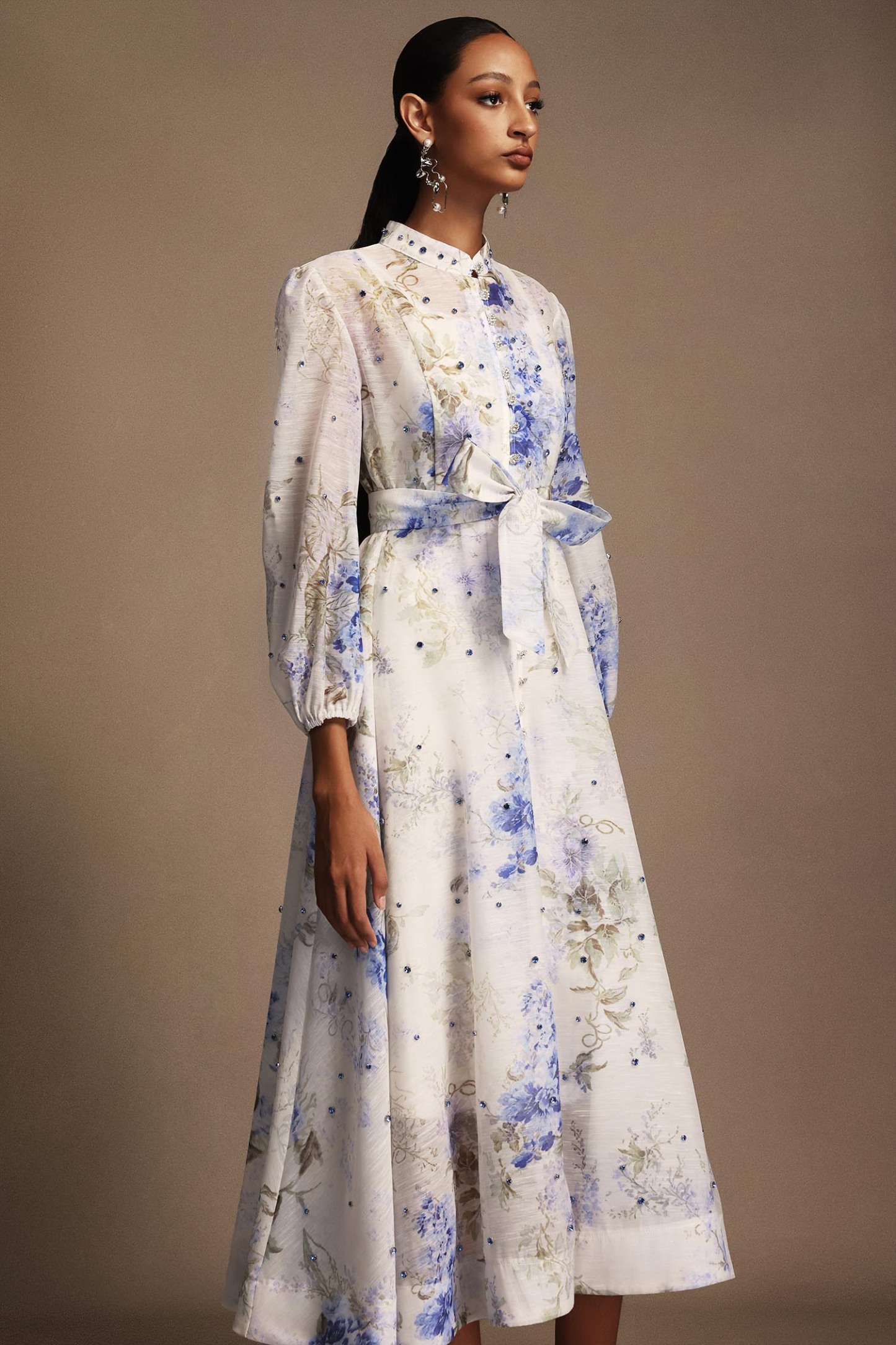 Emma Long Sleeves Floral Printed Diamond Midi Dress