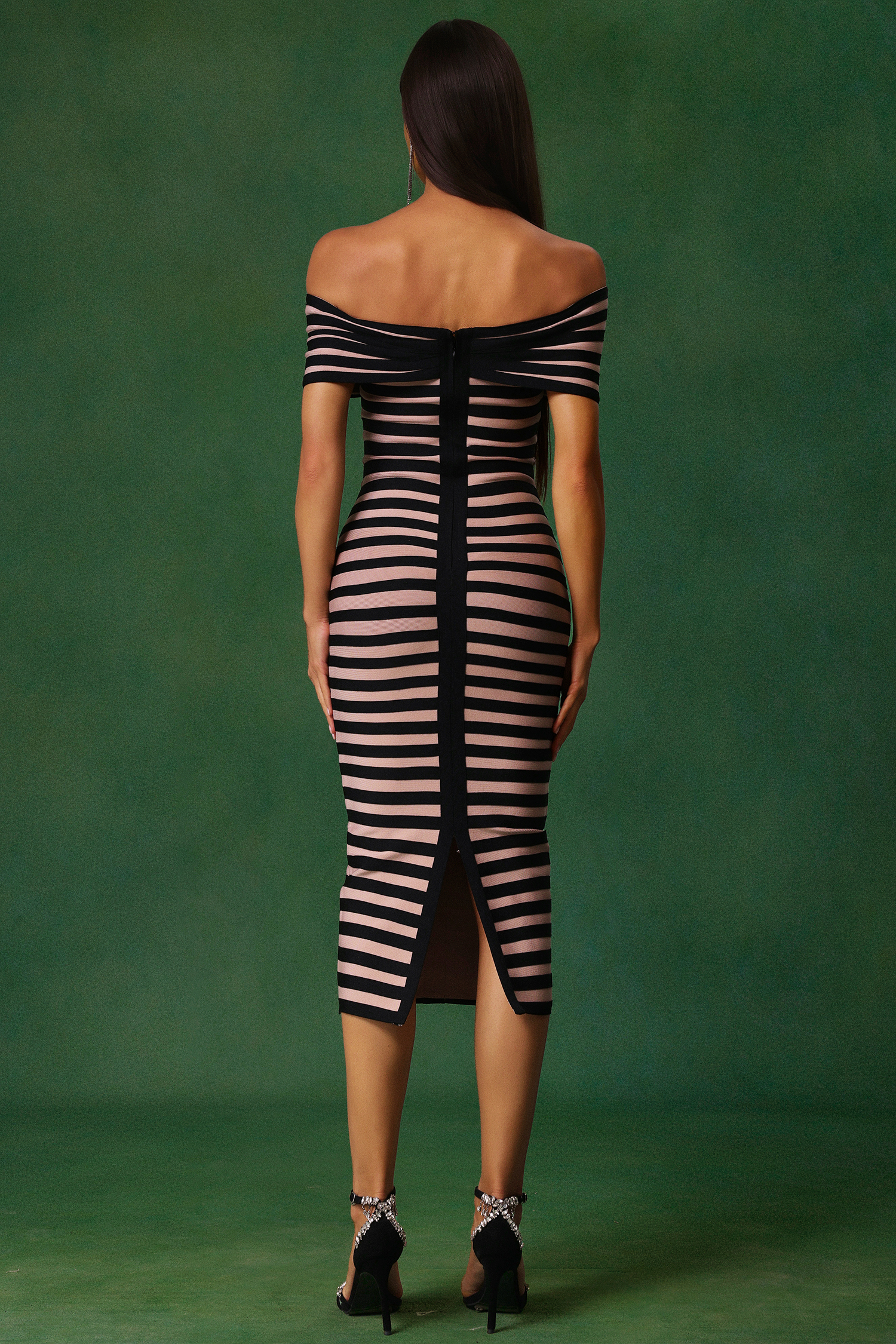 Claudia Off-The-Shoulder Stripes Bandage Midi Dress