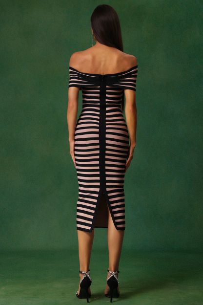 Claudia Off-The-Shoulder Stripes Bandage Midi Dress