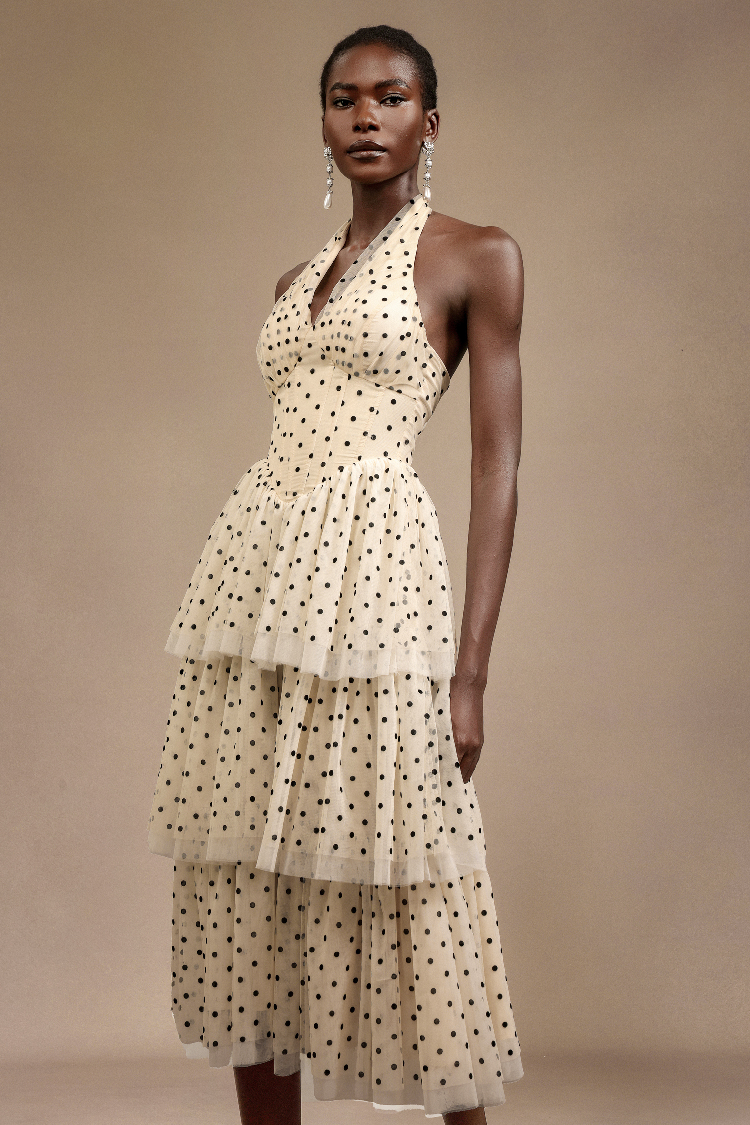 Kelley Sleeveless Dot Printed Layered Folds Midi Dress