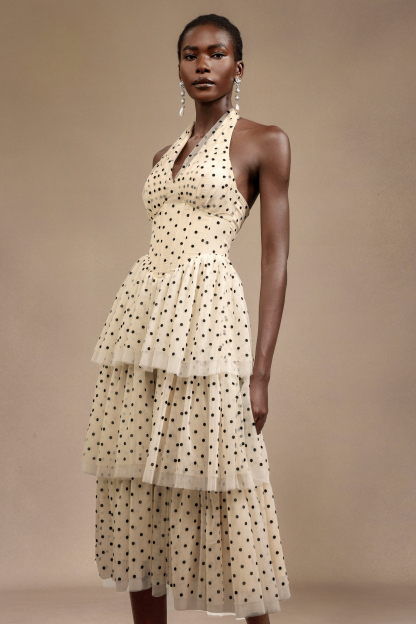 Kelley Sleeveless Dot Printed Layered Folds Midi Dress