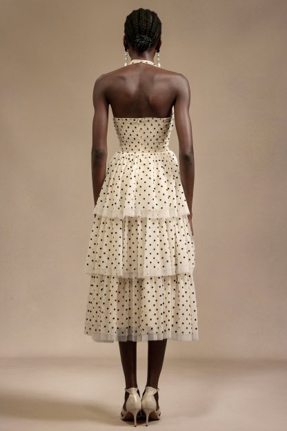 Kelley Sleeveless Dot Printed Layered Folds Midi Dress