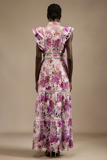 Inez Sleeveless Floral Printed Lace Maxi Dress