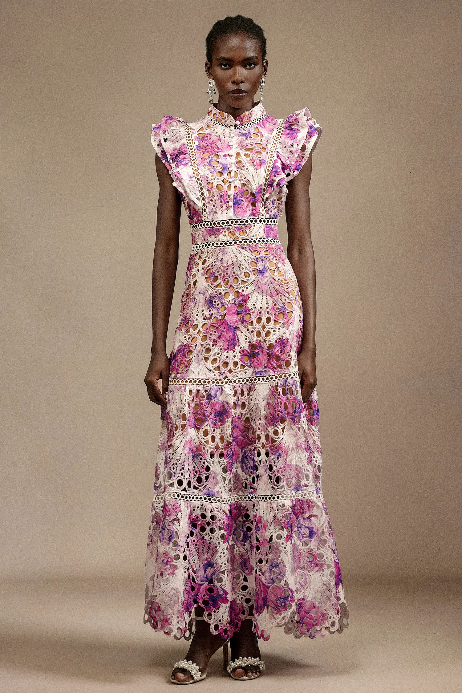 Inez Sleeveless Floral Printed Lace Maxi Dress