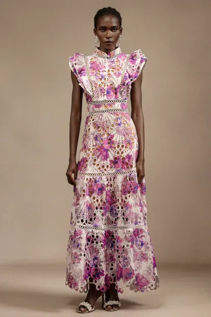 Inez Sleeveless Floral Printed Lace Maxi Dress