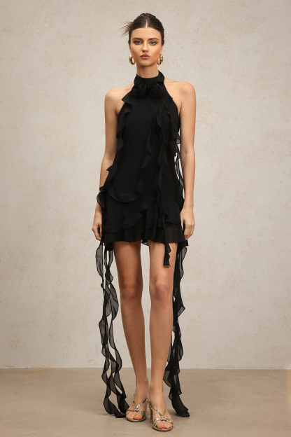 Elouise Halter Sleeveless Flounce Flowers Mini Dress