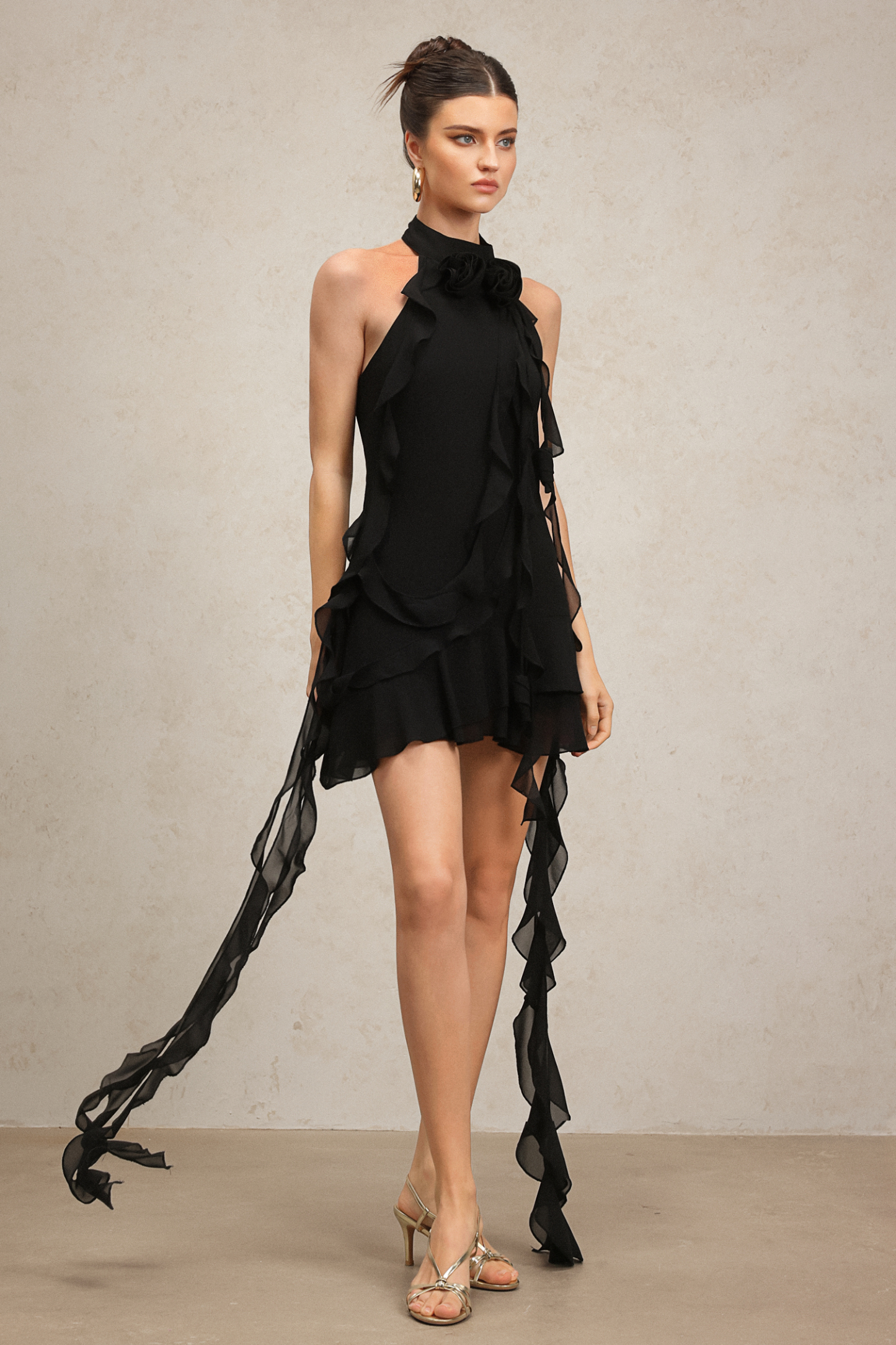 Elouise Halter Sleeveless Flounce Flowers Mini Dress