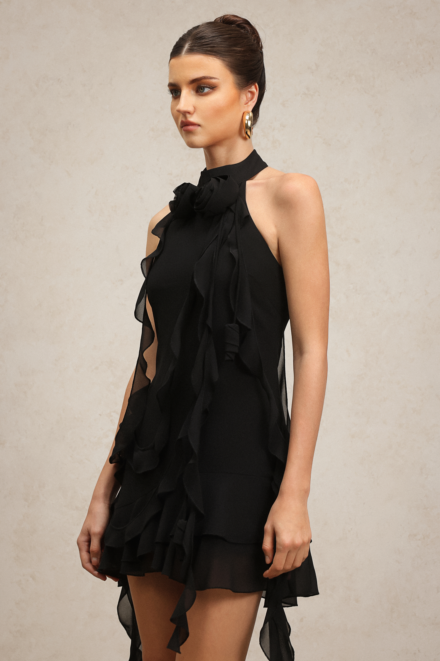 Elouise Halter Sleeveless Flounce Flowers Mini Dress