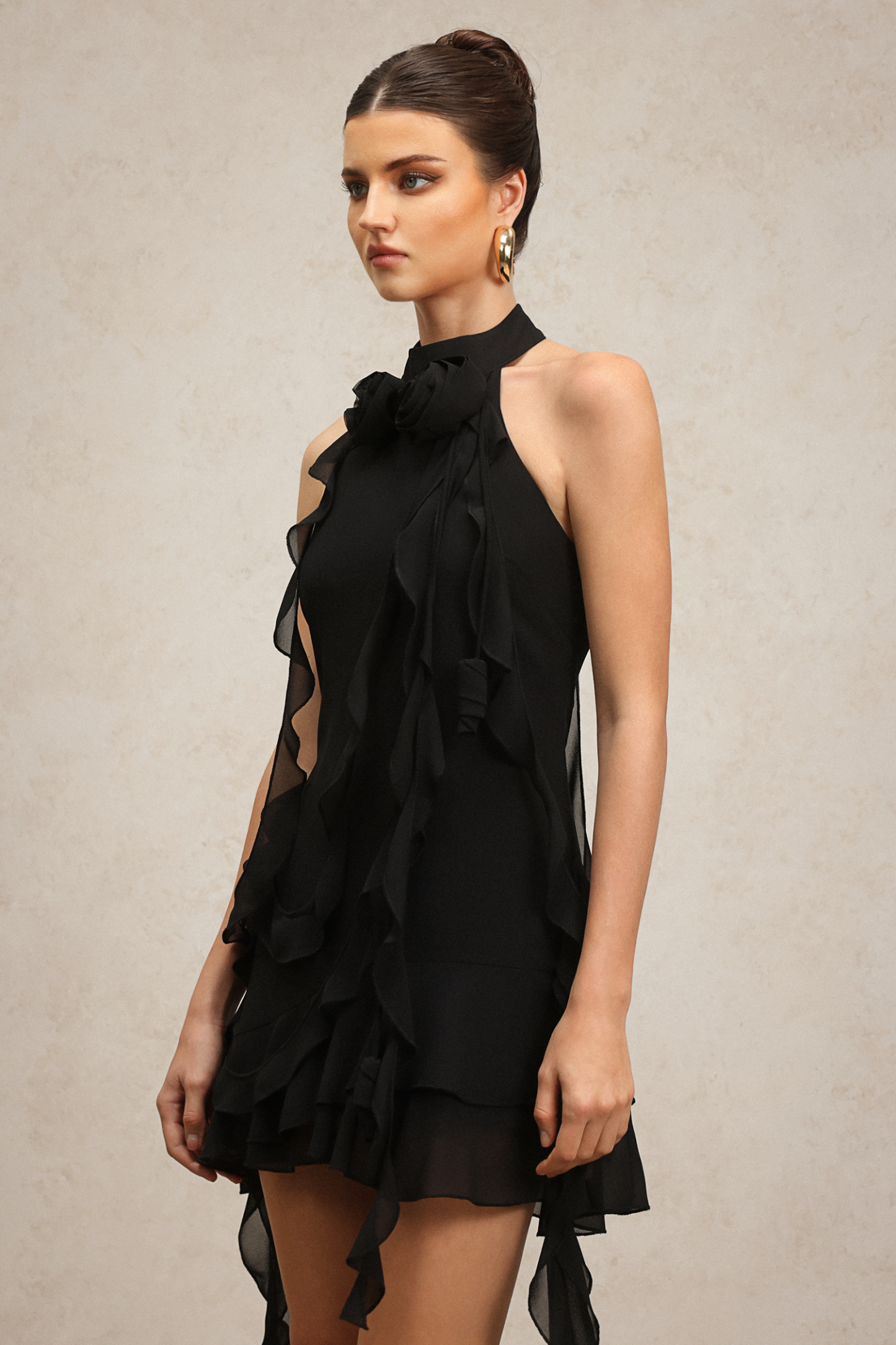 Elouise Halter Sleeveless Flounce Flowers Mini Dress