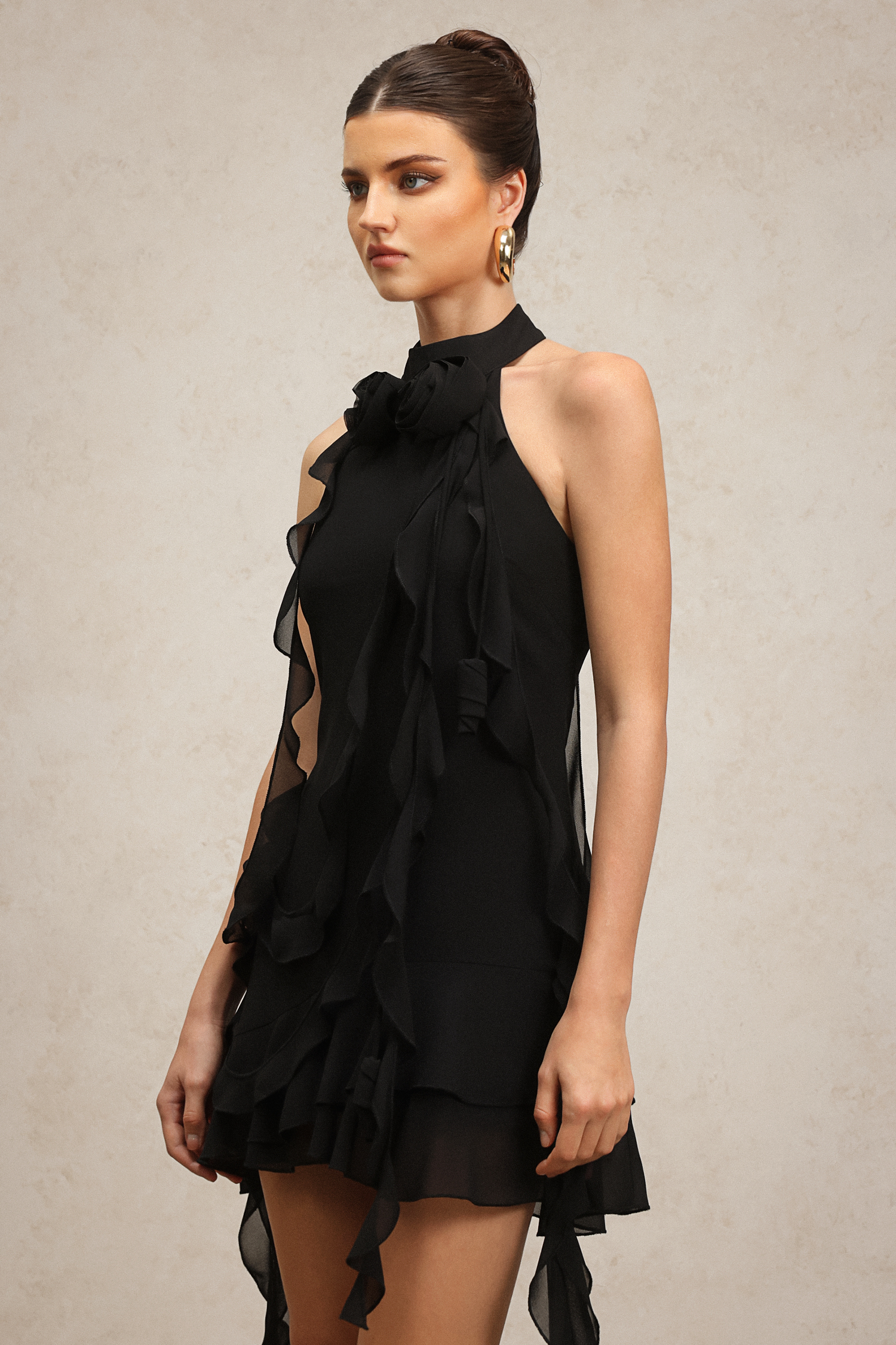 Elouise Halter Sleeveless Flounce Flowers Mini Dress