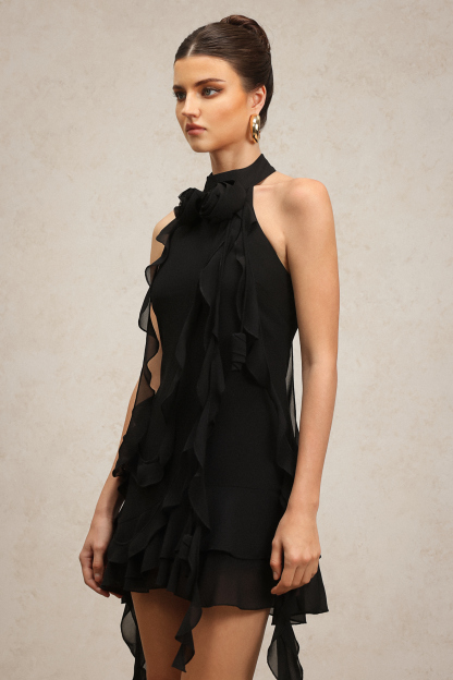 Elouise Halter Sleeveless Flounce Flowers Mini Dress