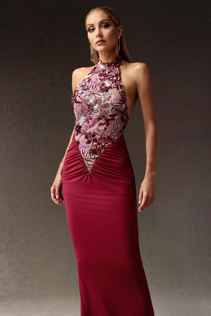 Kaelyn Flowers Sequins Slim Maxi Dress