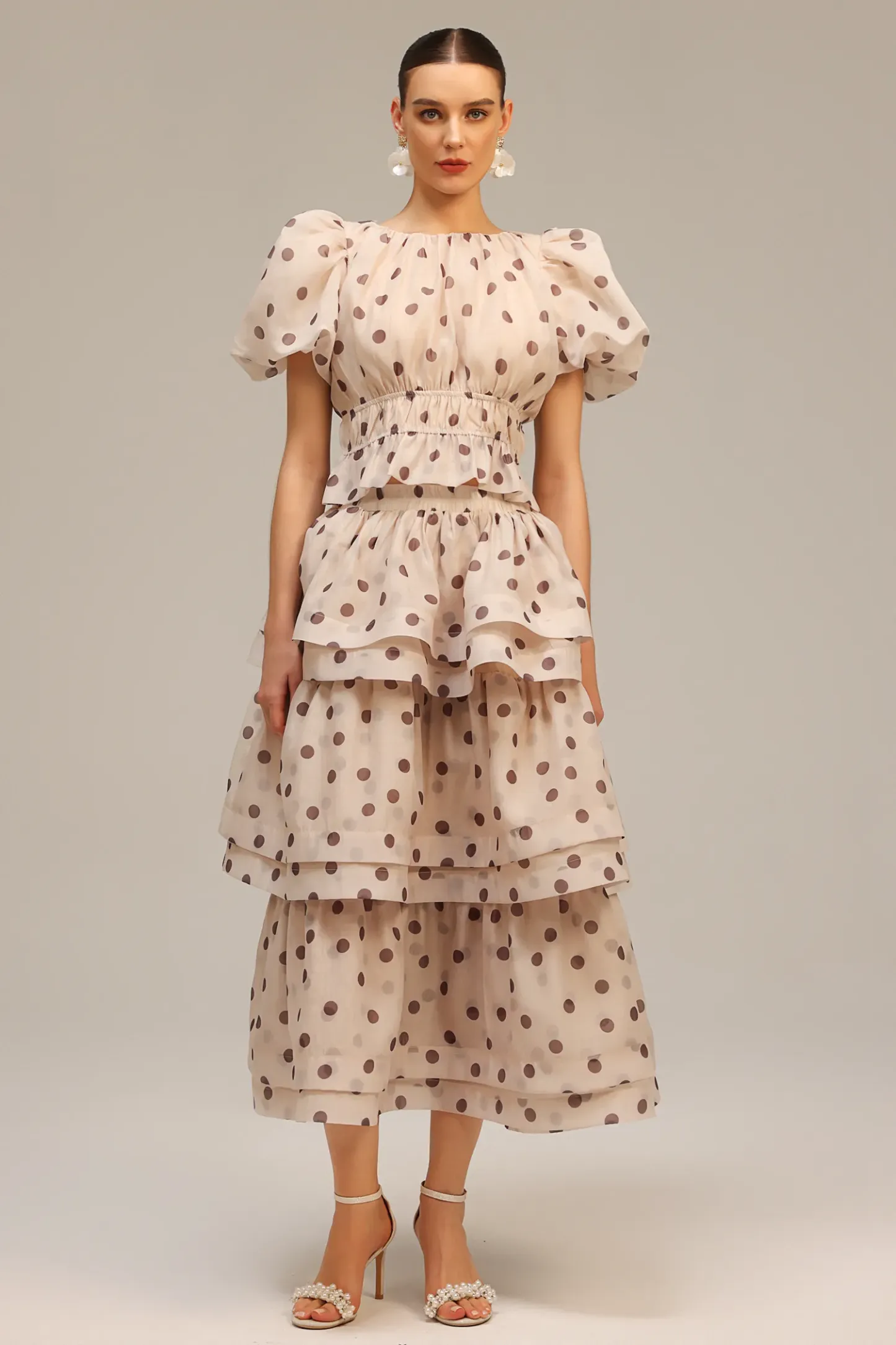 Dionne Puff Sleeves Dot Printed Top And Skirt Two-Piece Set