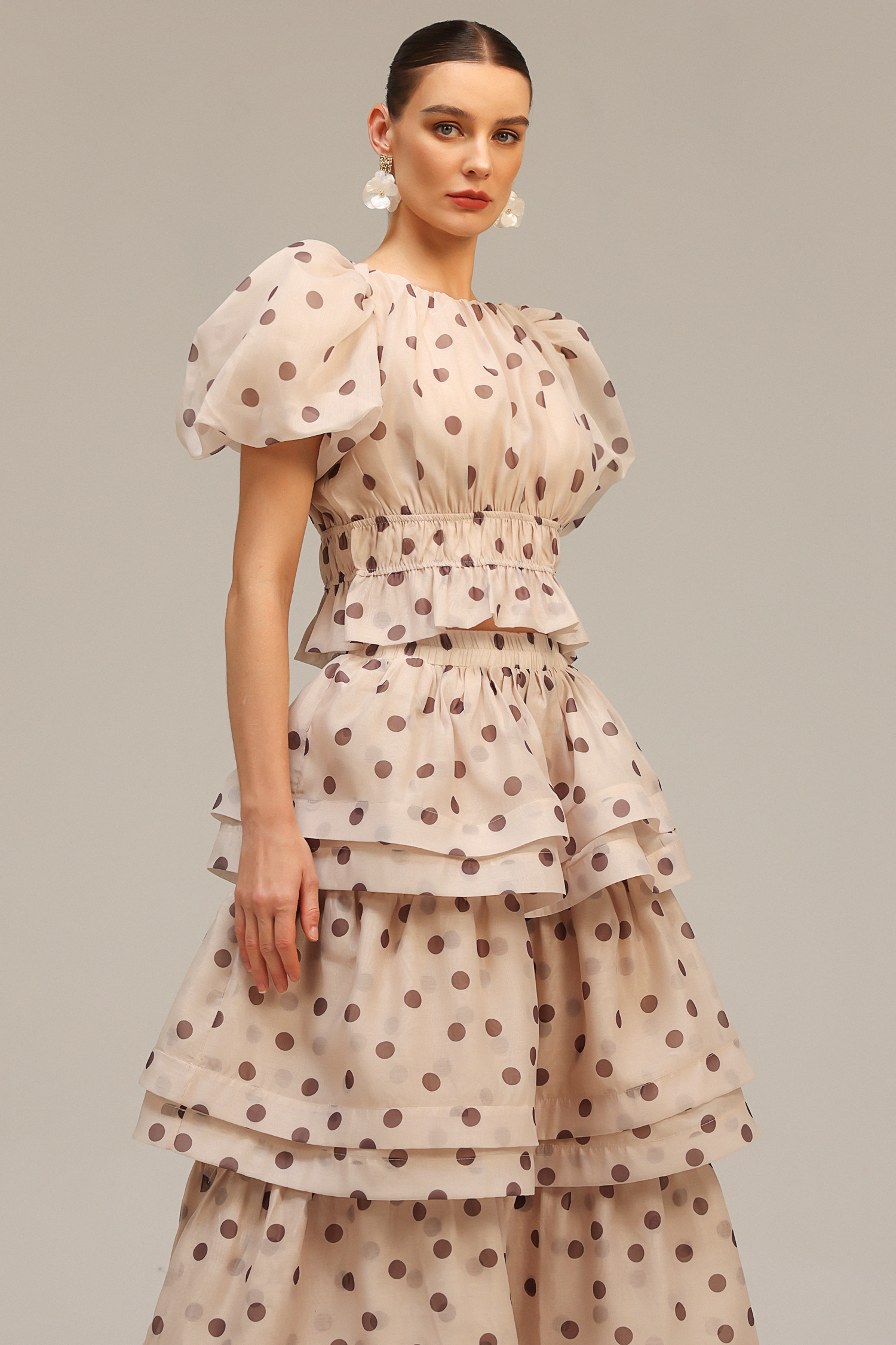 Dionne Puff Sleeves Dot Printed Top And Skirt Two-Piece Set