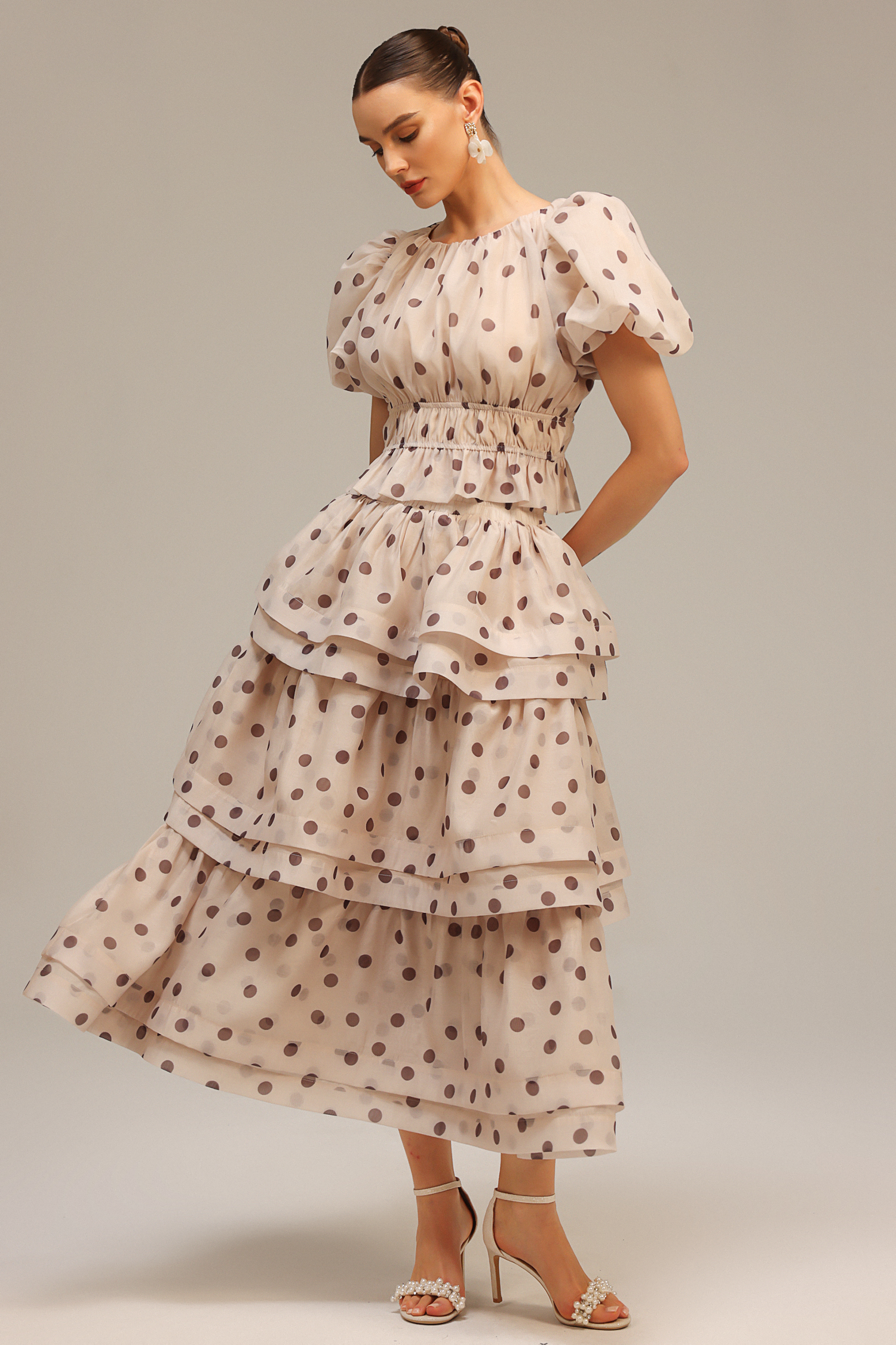 Dionne Puff Sleeves Dot Printed Top And Skirt Two-Piece Set