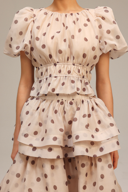 Dionne Puff Sleeves Dot Printed Top And Skirt Two-Piece Set
