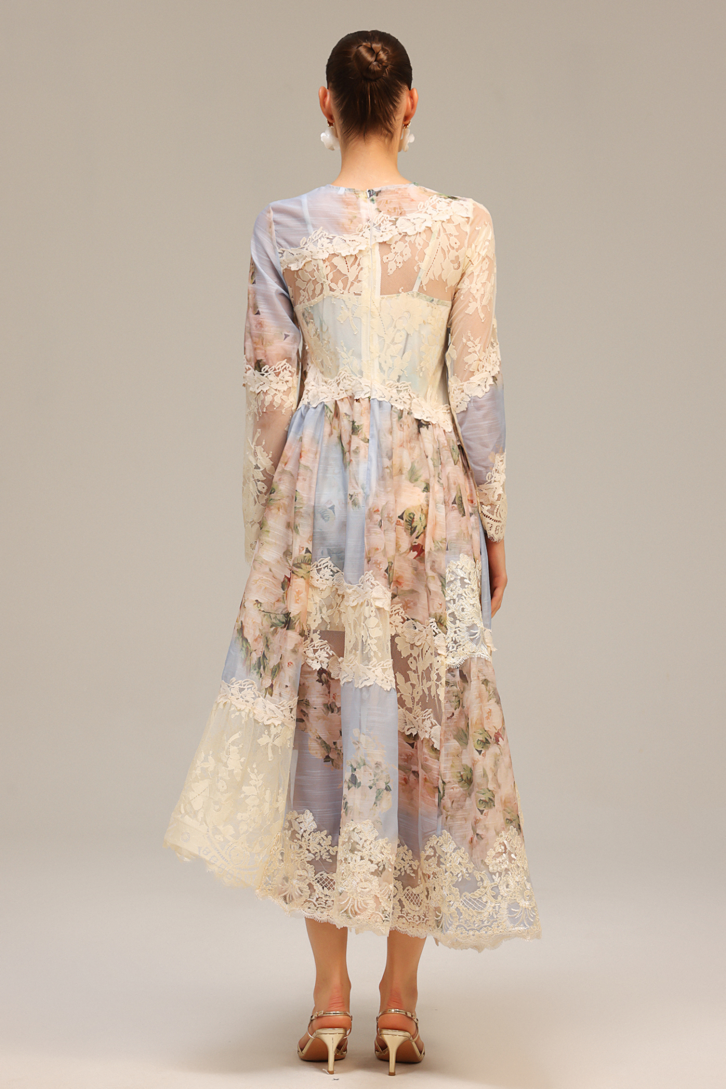 Jaleesa Long Sleeves Floral Printed Asymmetric Lace Maxi Dress