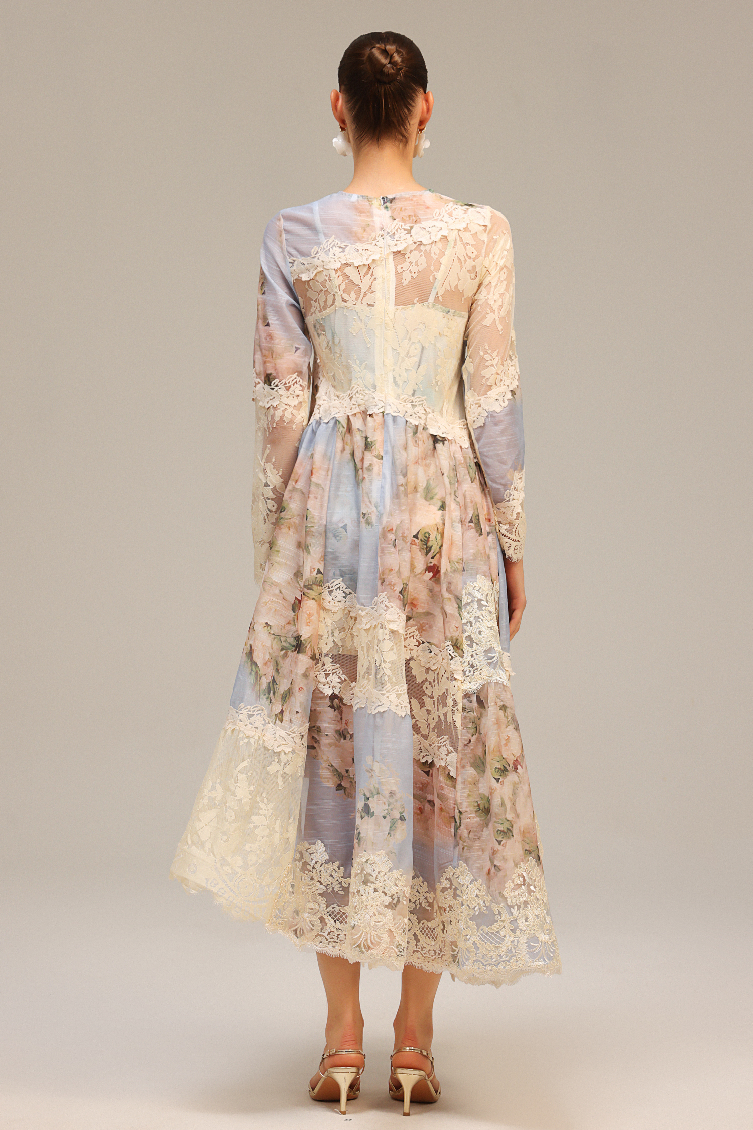 Jaleesa Long Sleeves Floral Printed Asymmetric Lace Maxi Dress