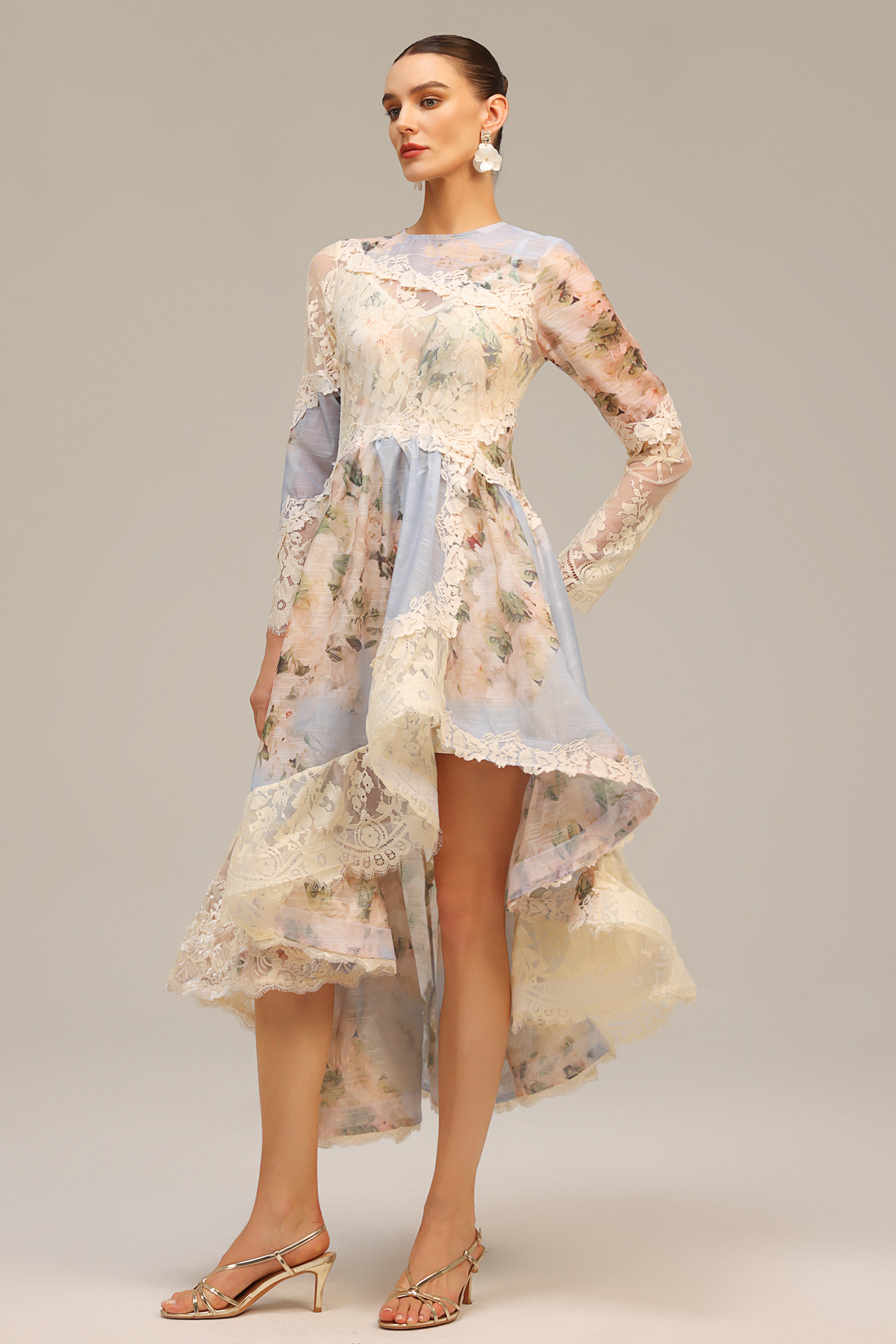 Jaleesa Long Sleeves Floral Printed Asymmetric Lace Maxi Dress