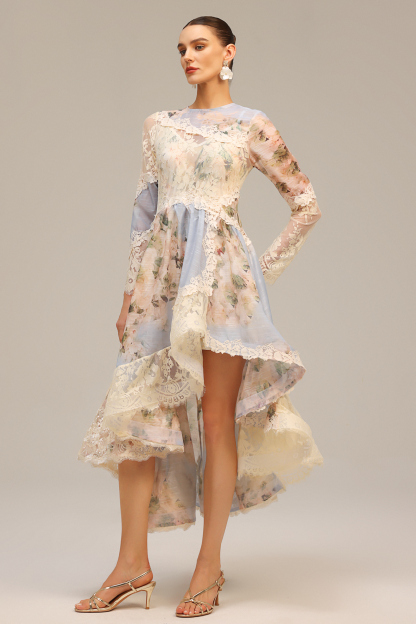 Jaleesa Long Sleeves Floral Printed Asymmetric Lace Maxi Dress