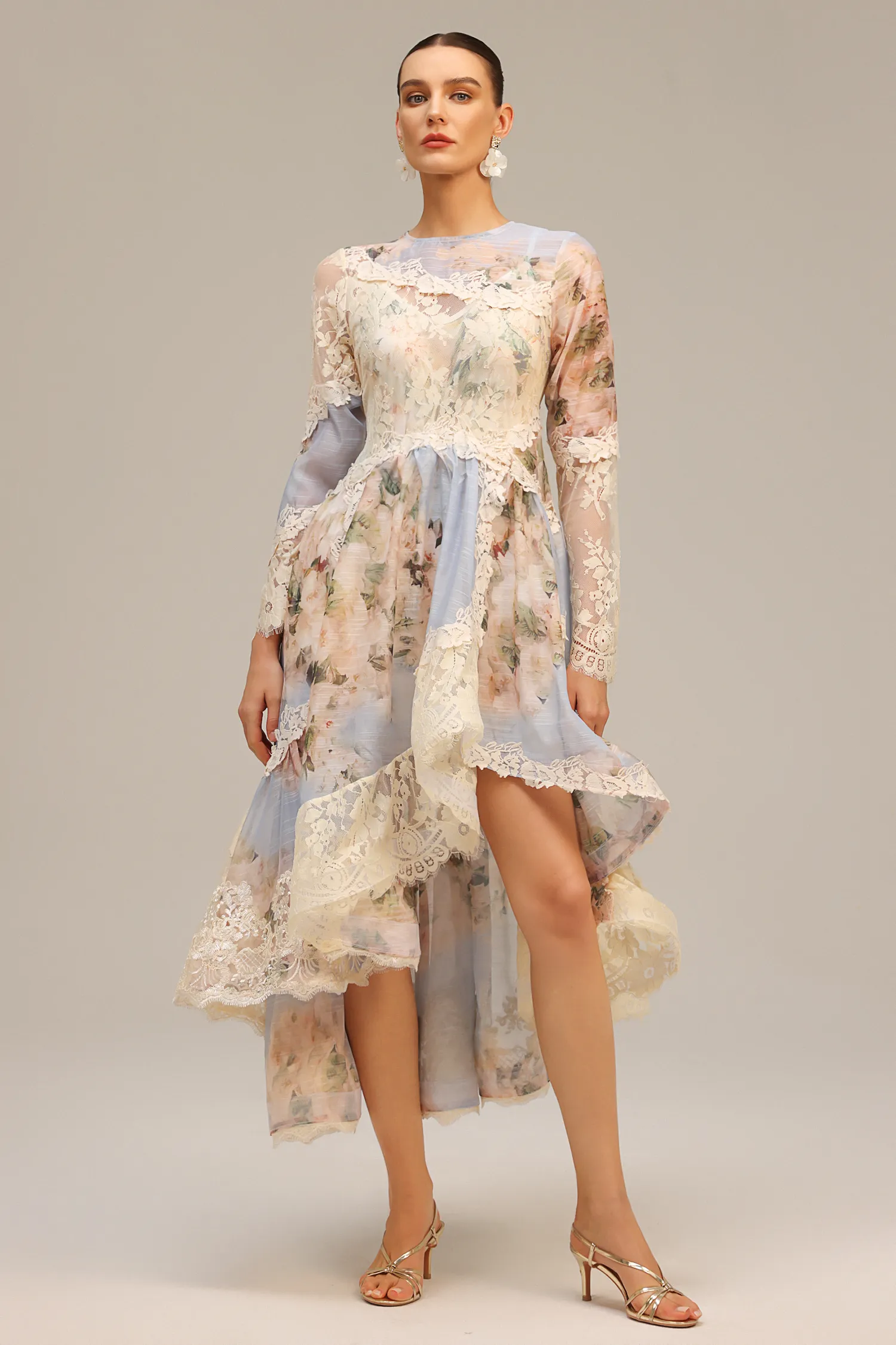 Jaleesa Long Sleeves Floral Printed Asymmetric Lace Maxi Dress