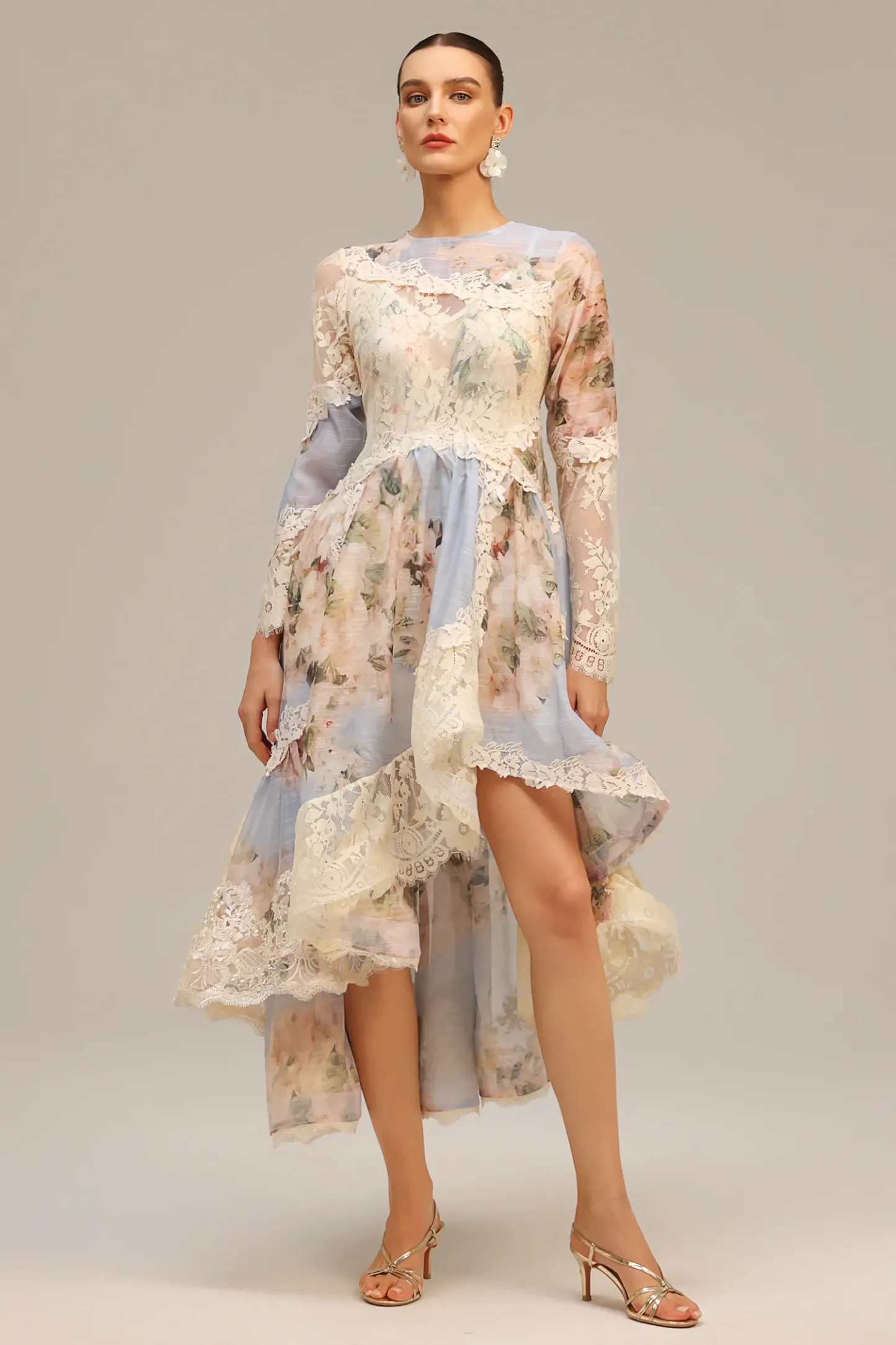 Jaleesa Long Sleeves Floral Printed Asymmetric Lace Maxi Dress