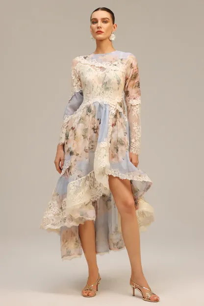 Jaleesa Long Sleeves Floral Printed Asymmetric Lace Maxi Dress